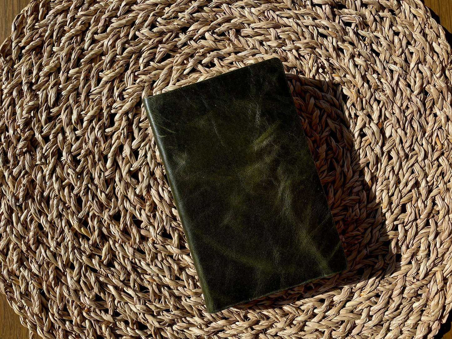 Olive Green Leather Pocket Journal, Handmade Cotton Paper
