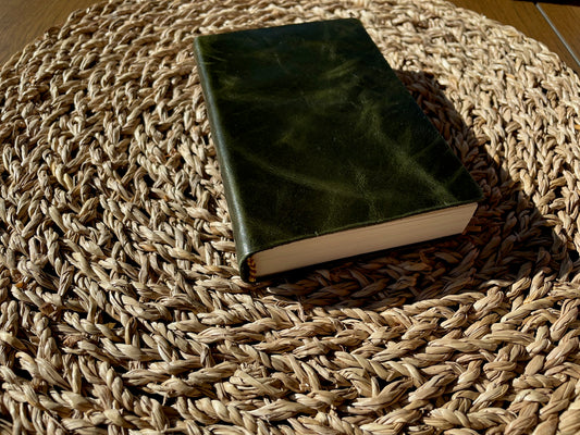 Olive Green Leather Pocket Journal, Handmade Cotton Paper