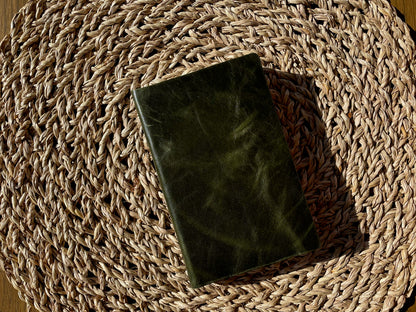 Olive Green Leather Pocket Journal, Handmade Cotton Paper
