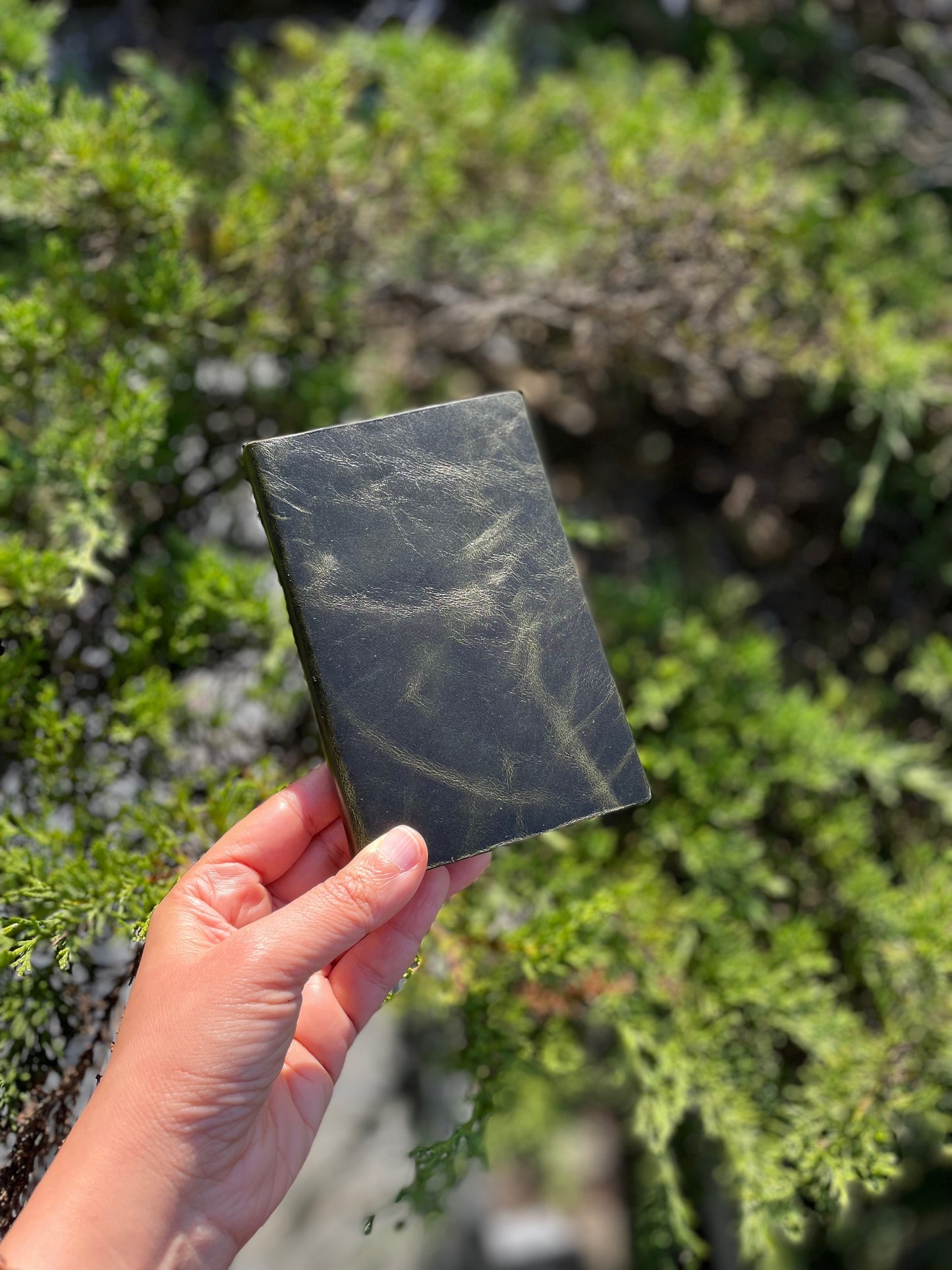 Olive Green Leather Pocket Journal, Handmade Cotton Paper