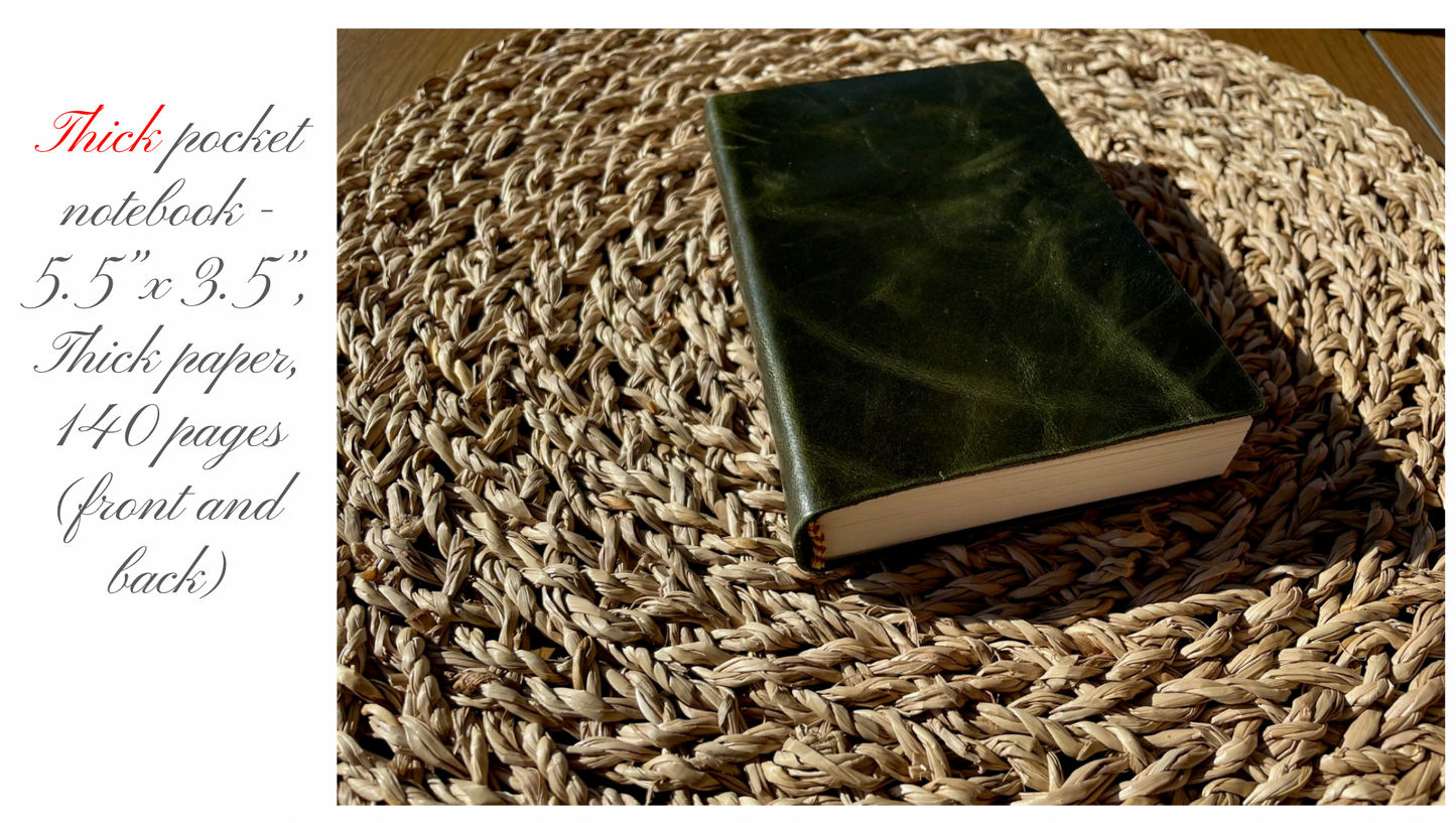 Olive Green Leather Pocket Journal, Handmade Cotton Paper